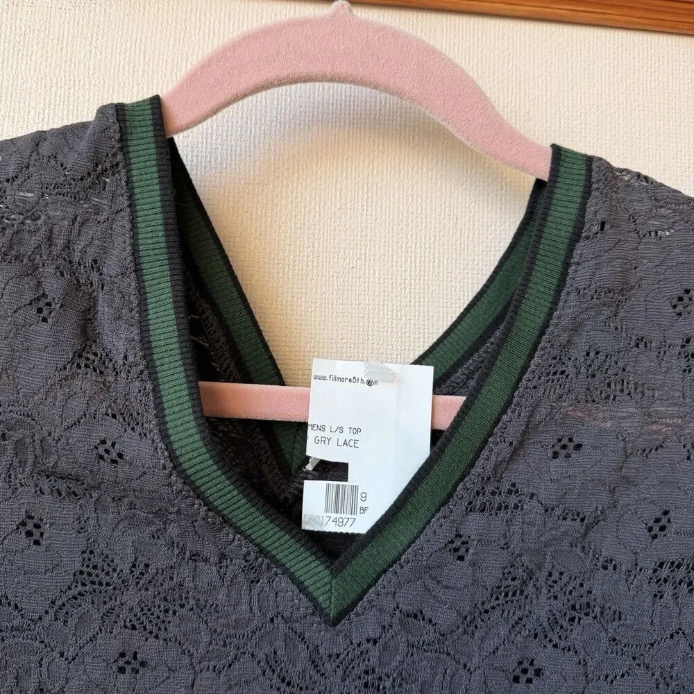 Free People Lace Long Sleeve Top XS Gray V-Neck Sheer Stretch Nylon Green Trim